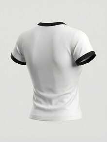 Summer Women's Contrast Trim Crew Neck Cropped T-Shirt Short Sleeve Slim Fit Casual Daily Wear Top White - White - View 6