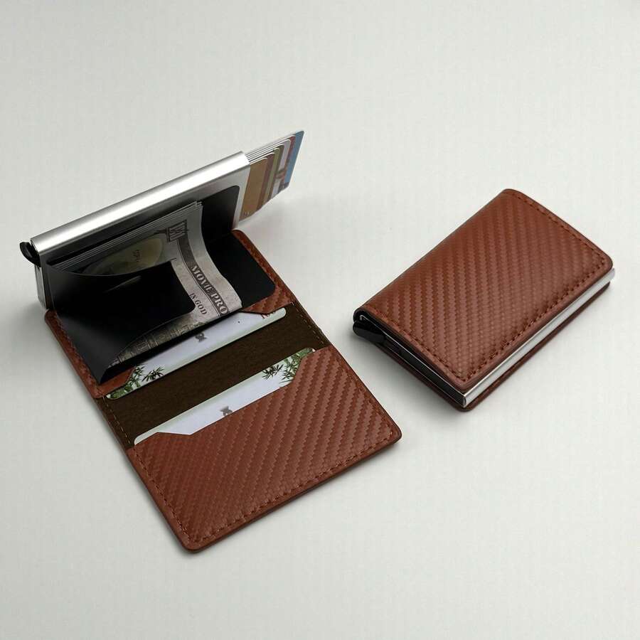 Men's Multi-Card Slot Automatic Pop-Up Metal Card Holder – RFID-Blocking Carbon Fiber Wallet, Slim Credit Card Case With Money Clip - 棕色 - 查看 1