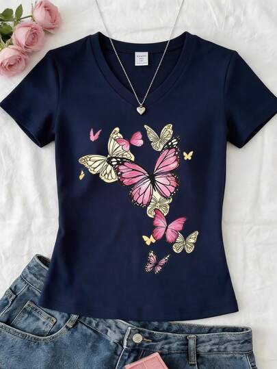 1pc Girls' V-Neck Short Sleeve T-Shirt, Featuring Butterfly Print Design, Comfortable & Skin-Friendly, Soft & Fresh, Suitable For Spring & Summer. Great For Students' Daily Wear, Gatherings, School, Music Festivals, Vacations, And Commuting. Also Makes A Great Gift For Family, Significant Others, And Friends.