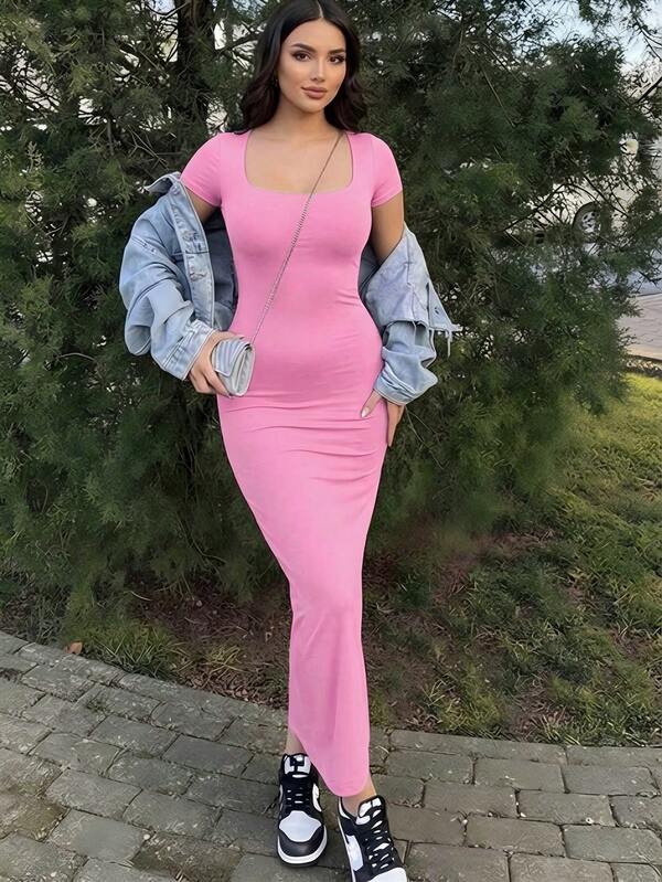 Women's Summer Solid Color Sexy Short Sleeve Dress Elegant Pink Party