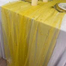 1pc Romantic Pearl Lace Table Runner, Wedding Arch Decor, Bridal Shower Gift Fabric, Elegant Pearl Lace Tablecloth, Suitable For Event, Embroidered Transparent Wrinkle-Resistant White Dessert Table - Gold - View 9