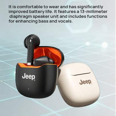 Jeep Bluetooth Earbuds, True Wireless Semi-In-Ear Style, Low Latency For Gaming, Comfortable For Listening To Music While Exercising Or Running, 13mm Diaphragm Unit, Noise Cancellation, Long Battery Life, And Intelligent Bass Enhancement.
