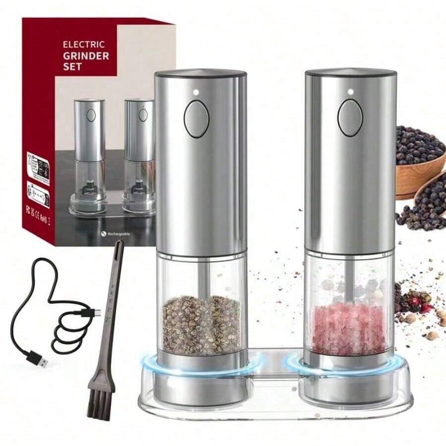 Bộ xay muối và tiêu điện sạc lại được, kèm đế, máy xay tiêu, dung tích lớn 95ml, đèn LED trắng và độ dày xay có thể điều chỉnh, lý tưởng cho gia đình và nhà bếp (có cổng USB), độ dày xay có thể điều chỉnh, dễ dàng đổ đầy, bộ dụng cụ xay gia vị nhà bếp.
