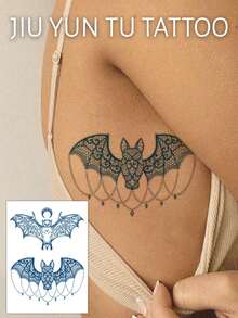 1pc Bat Chain Print Pattern Temporary Tattoo, Herbal Semi-Permanent Tattoo Sticker, Lasting 2 Weeks Without Reflection - Black - View 1