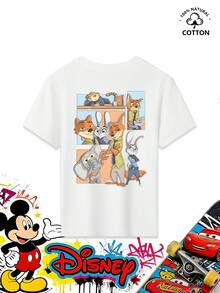 Disney Boys' Crew Neck T-Shirt, Casual Style, Ages 4-12, Summer, Pure Cotton Short-Sleeve, Featuring Nick Wilde And Judy Hopps Cartoon Character Prints, IP Collaboration Design. Suitable For Everyday School Wear, Amusement Park Outings, And Other Casual Outings. Breathable, Skin-Friendly, And Sweat-Absorbent. - trắng - Xem 4