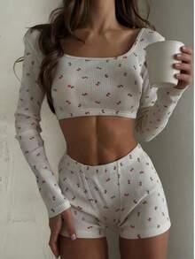 2pcs Women All Season Printed Long Sleeve Top And Shorts Pajama Set - White - View 2