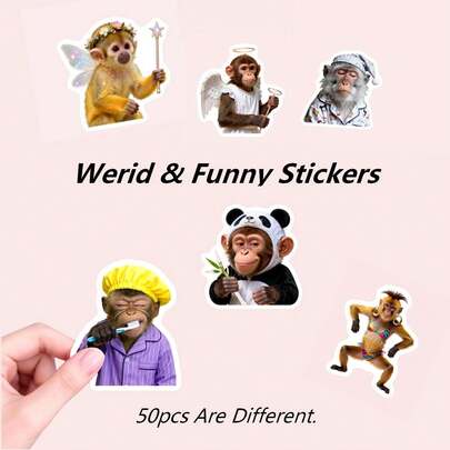 50张趣味猴子贴纸，卡通动物大猩猩表情，防水可移除贴纸，多用途，适用于办公桌、家庭健身房、水瓶、笔记本电脑、行李箱等。