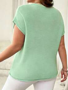 Plus Size Deep V-Neck Knit Top, Semi-Sheer Drop Shoulder Design, Regular Length, Slightly Stretchy Summer - Green - View 2