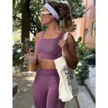 OLCHEE Womens Workout Sets 2 Piece Seamless Square Neck Sports Bra Padded Butt Lifting Leggings High Waist Yoga Gym Outfits - Eggplant Purple - 查看 3