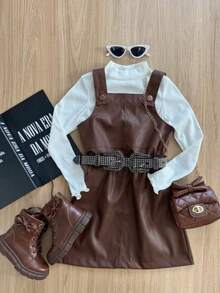 Girls' Outfit Set - Blogger Style - Faux Leather Jumpsuit With Blouse - Rỉ Nâu - Xem 6