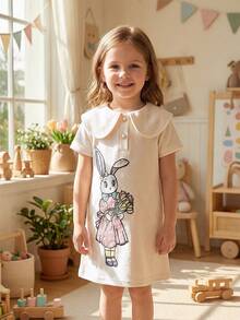 Easter Girls' Summer Dress Cute Rabbit Holding Flower Pattern Lapel Short Sleeve Sweet A-Line Fitted Dress For Toddler - Apricot - View 4