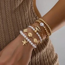 6 chiếc vòng tay nhiều lớp đính hạt hình sao biển và vỏ sò bằng kim loại thanh lịch, thích hợp cho phụ nữ đi biển hoặc đi nghỉ mát. - Vàng - Xem 1