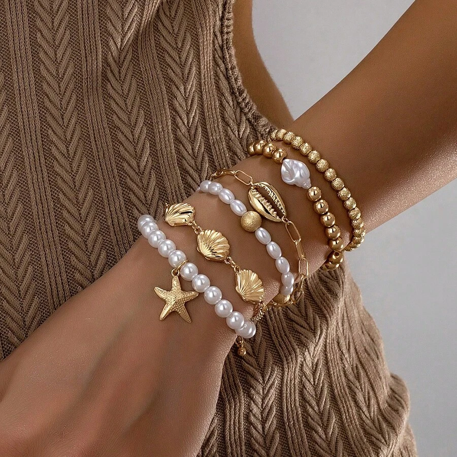 6 chiếc vòng tay nhiều lớp đính hạt hình sao biển và vỏ sò bằng kim loại thanh lịch, thích hợp cho phụ nữ đi biển hoặc đi nghỉ mát. - Vàng - Xem 1