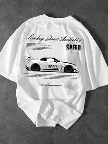 Summer Tops, Street Fashion Brand, Sports Car Print, Short-Sleeved Techwear Racing Pattern Cotton T-Shirt. - White - View 6