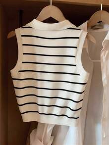 Freeform Spring/Summer Women's Sleeveless Knit Sweater, Regular Length, High Elasticity, Slimming, Elegant, Versatile, Business Casual, Korean Style Knit Tank Top, White/Black Striped Turtleneck, Regular Fit, Pullover - White - View 4