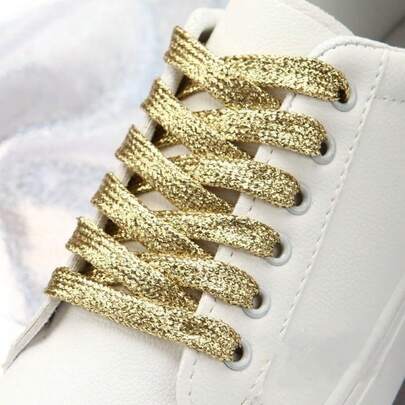 Shiny Gold Glitter Flat Cute Personalized Sports Shoes, Fashionable Sneakers, Unisex Casual Lace-Up Shoes, Korean Style
