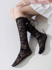 1双黑白新款甜美蕾丝花卉镂空珍珠蝴蝶结过膝袜，春夏款 - 彩色 - 查看 2