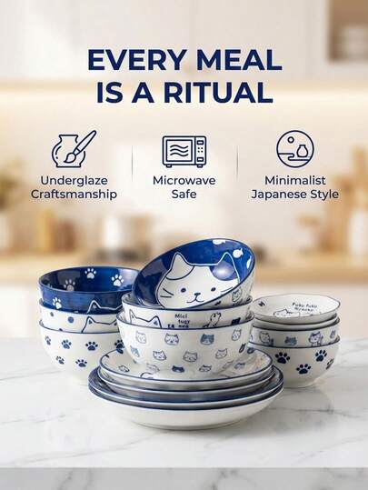 DearDali 一套日式原创陶瓷餐具，可爱猫咪图案，自制厨房酱汁碗碟，手绘陶瓷碗碟，时尚厨房必备，适合盛放早餐燕麦片或正餐。