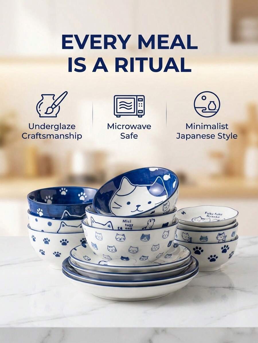 DearDali 一套日式原创陶瓷餐具，可爱猫咪图案，自制厨房酱汁碗碟，手绘陶瓷碗碟，时尚厨房必备，适合盛放早餐燕麦片或正餐。