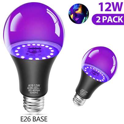 2pcs 12W (Equivalent To 100W Incandescent) A19 UV Black Light Bulb, UVA Wavelength 385-400nm, E26 Medium Base, Suitable For Black Light Parties, Fluorescent Posters, Neon Glow