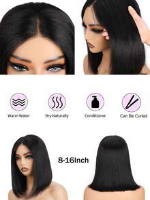 180% Density Human Hair Short Straight Bob Wig, 4x4 Seamless Lace Top, Natural Hair Wig For Women - Natural Black - View 3