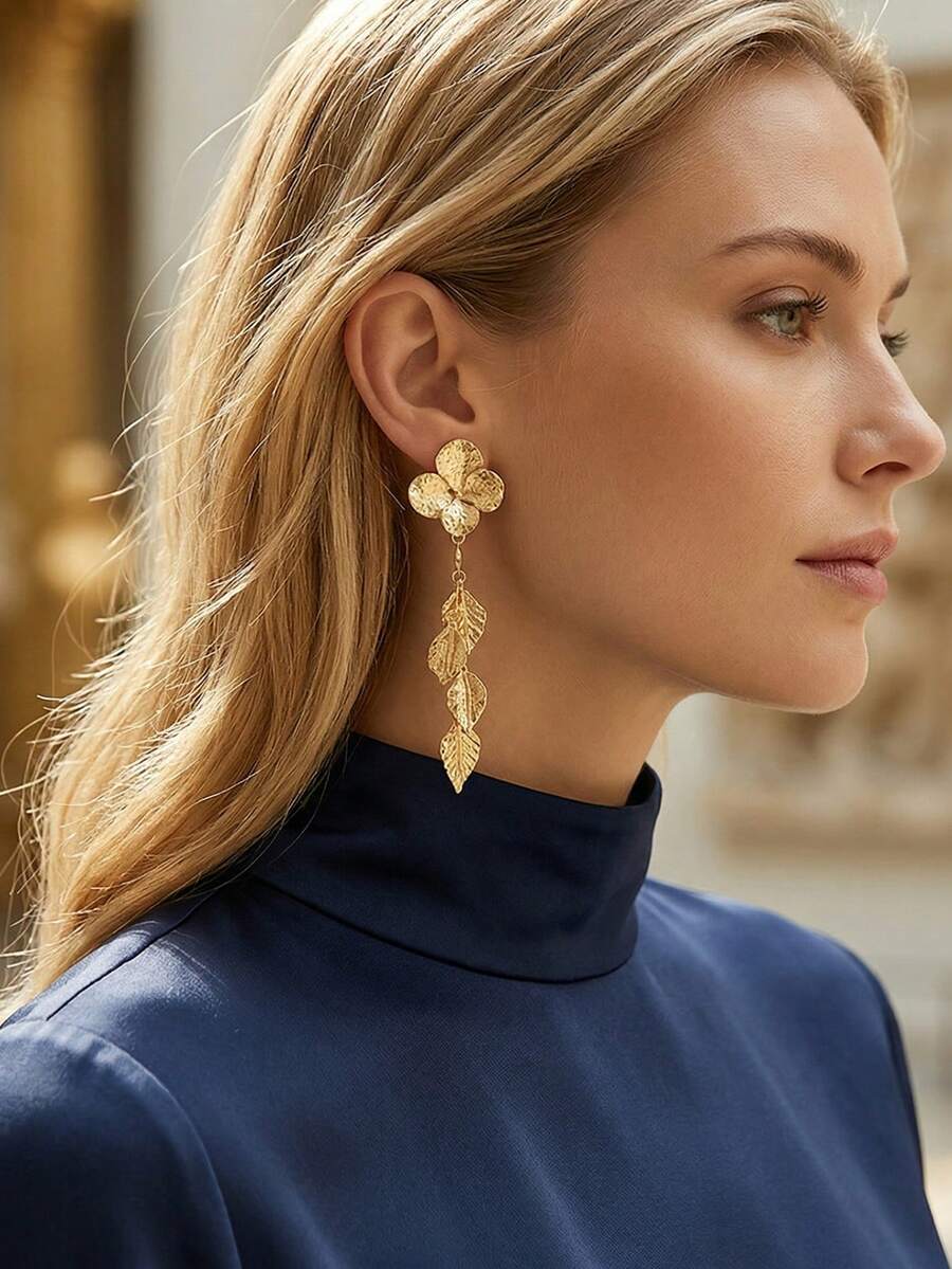 一对奢华复古花卉长耳环，时尚百搭的金色耳环，适合日常佩戴 - 金色 - 查看 1