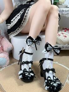 1 đôi tất nữ mỏng, khoét rỗng, họa tiết hoa hồng, nơ ren, dài đến bắp chân, thích hợp cho mùa xuân/hè, kiểu dáng Lolita dễ thương, đa năng, thích hợp mang hàng ngày. - trắng - Xem 3