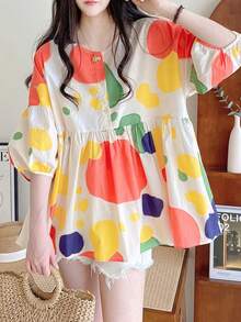 YUXIN Spring & Summer Essential! Women's Loose Babydoll Blouse, Featuring Colorful Prints And Unique Ruffle Cuffs, 3/4 Sleeves Design For Cooler Wear, Fashionable And Comfortable! - Red and Yellow - View 4