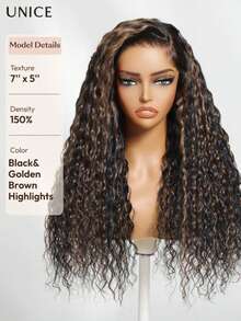 UNice 7x5 Bye Bye Slip™ Golden Brown Highlights Water Wave Human Hair Drawstring Wig Bye Bye Knots Lace Front Glueless Wigs Human Hair Pre Plucked Pre Cut Espresso Brown With Blonde Highlight Lace Closure Glueless Human Hair Wigs 150% Density - Golden Brown Highlights - 查看 5