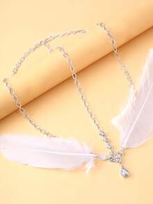 1pc Feather Decor Rhinestone Inlaid Hair Chain, Suitable For Women's Evening Party, Party Outfit Accessory, Stage Performance Head Chain - Silver - View 2