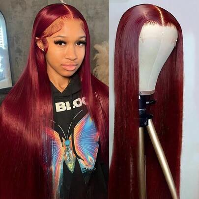 Tóc giả ren phía trước màu đỏ tía 99J 13x4, tóc Brazil, tóc người nhuộm, tóc thẳng đã được tỉa sẵn.
