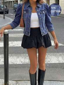 春季新款韩版修身弹力牛仔外套，女款短袖休闲牛仔外套，秋季蓝色牛仔布，带口袋，休闲街头风女款秋季休闲水洗纽扣牛仔外套 - 中等水洗藍 - 查看 3