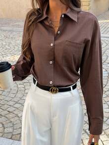 Look Polly 女士夏季棕色上衣，单排扣设计，胸前口袋，适合夏季海滩装扮，打造休闲街头风，通勤和周末度假必备单品 - 咖色 - 查看 9