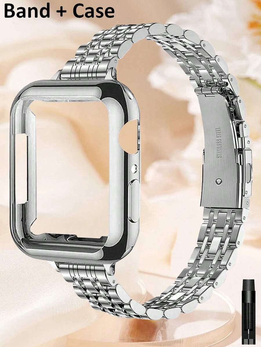 1 Set Stainless Steel Narrow Watch Band + TPU Full Coverage Protective Case Compatible With Apple Watch 38/40/41/42/44/45/46mm, Suitable For Watch Series 11/Ultra/SE/10/9/8/7/6/5/4/3/2/1 - Silver - View 1
