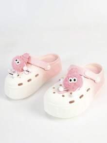 Zuecos de mujer de primavera/verano con pompones de dibujos animados, elegantes chanclas de playa ligeras y de colores para damas, zuecos de madera de suela blanda para el jardín - Blanco - Ver 5