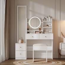 4-In-1 Vanity Table / Luxurious Style Vanity Table / With Full-Length Mirror And Rotating Table Mirror / Includes Vanity Stool / Suitable For Bedroom, Living Room And Other Rooms, White - White - View 3