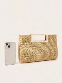 Khaki Fashionable Woven Handbag For Women, Versatile Shoulder Bag For Holiday, Beach, Business Commute, Casual, Minimalist, Beach, Vacation - 卡其色 - 查看 7