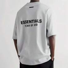 Essentials FW24  Crewneck Lightweight Stretch Logo Crew Neck Short Sleeve Tee Unisex Cotton Summer T-Shirt, Everyday Basic Top - LIGHT HEATHER GREY - View 5