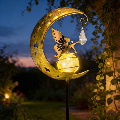 1个户外太阳能草坪装饰雕像灯，IP65防水，月亮仙女造型花园小径插地灯，适用于花园/草坪/庭院/商业照明，自动开关功能