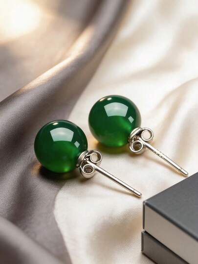 1 Pair Minimalist Pure Silver & Green Agate Stud Earrings, Natural Green Gemstone Jewelry For Women, Petite Elegant Daily Wear, 925 Sterling Silver Hypoallergenic, Birthday Gift For Girlfriend/Best Friend, French Style Mini Earrings, Suitable For Summer Commute, Date, Vacation