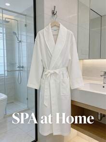 1pc Waffle Weave Solid Color Shawl Collar Bathrobe, Loungewear Robe, Soft Absorbent Cotton For Bathroom, Bedroom, Pool - White - View 6