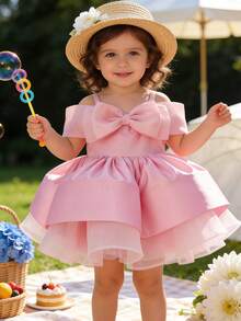 Đầm ngắn lưới trễ vai thắt nơ thanh lịch cho bé gái, chân váy phồng, đầm công chúa cho bé gái dự tiệc cưới, sinh nhật, tiệc chiêu đãi, họp mặt, lễ Phục sinh, kỳ nghỉ. - Hồng - Xem 6