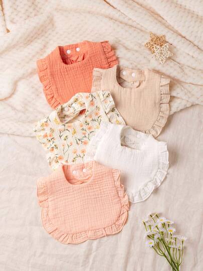 5pcs Baby Bibs, 100% Cotton Material, Ruffle Floral U-Shaped Burp Cloths, Soft & Breathable, Suitable For Newborns, Solid Color, Spring/Summer Baby Gift