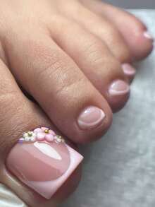 24pcs 3D Embossed Flower Nail & Toe Decoration Set, Pink Style False Nail Tips, Disposable Nail Stickers, Short Nails, Summer Nails, Y2K Style Nails - Baby Pink - View 1