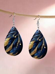 1 par de pendientes colgantes de cuero PU con estampado de plumas azul y dorado, elegantes y de gota de agua, livianos, joyas de moda de lujo para fiestas y uso diario, regalos de moda para el Día de la Madre, Navidad y cumpleaños - Multicolor - Ver 1