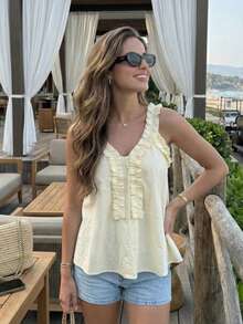 Women's Solid Color Frill Trim Casual Versatile Daily Wear Top Summer - Apricot - View 5