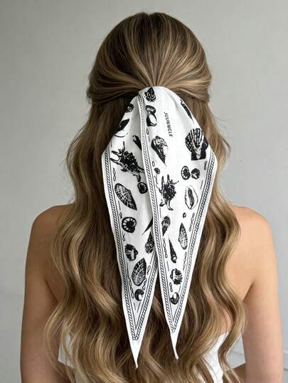 1pc French Summer Beach Vacation Vibe Niche Fashion Ocean Element Design Printed Scarf Hair Scrunchie, Elegant Hair Accessory Ponytail Holders Hair Elastics Hair Rubber Bands Hair Rope Elastic Hair Tie