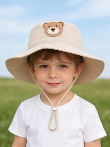 1 pieza Sombrero de ala ancha beige para niños, parche de oso lindo, tela suave y transpirable, cordón ajustable, adecuado para juegos al aire libre y campamento diarios - 1PC - Ver 2