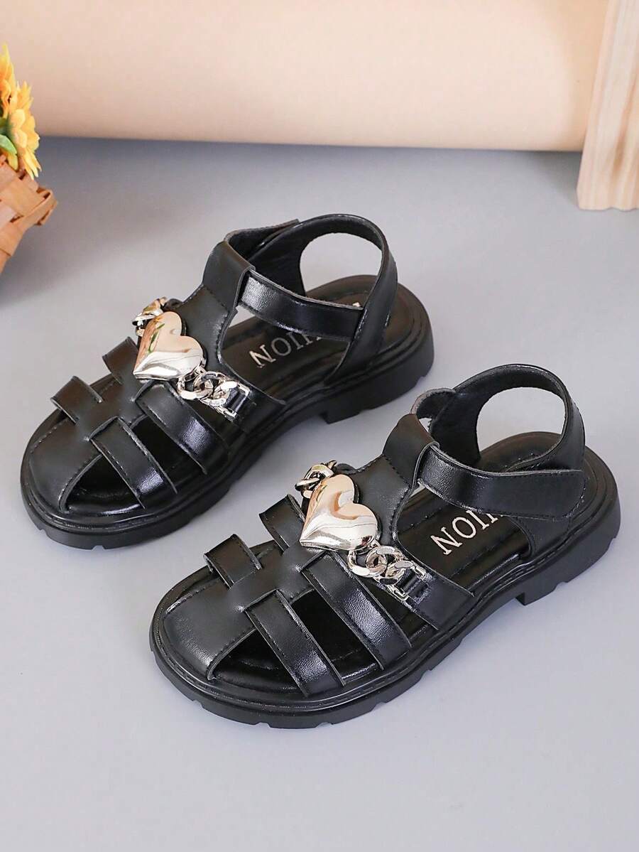1 Pair New Minimalist Solid Color Heart Design Girls/Kids Hook And Loop Flat Sandals, Comfortable , Suitable For Spring/Summer Daily Wear - Black - View 1