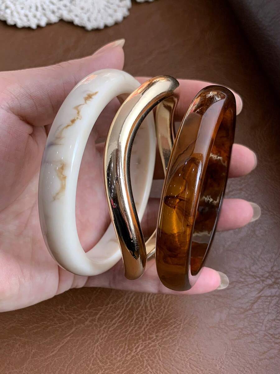 LADYCOCO Bộ 3 vòng tay nhựa acrylic dày dặn kiểu cổ điển, phối màu vàng đồng, thích hợp cho tiệc tùng và sử dụng hàng ngày (Có thể có sự khác biệt nhỏ giữa ảnh và sản phẩm thực tế) - Nhiều màu - Xem 1